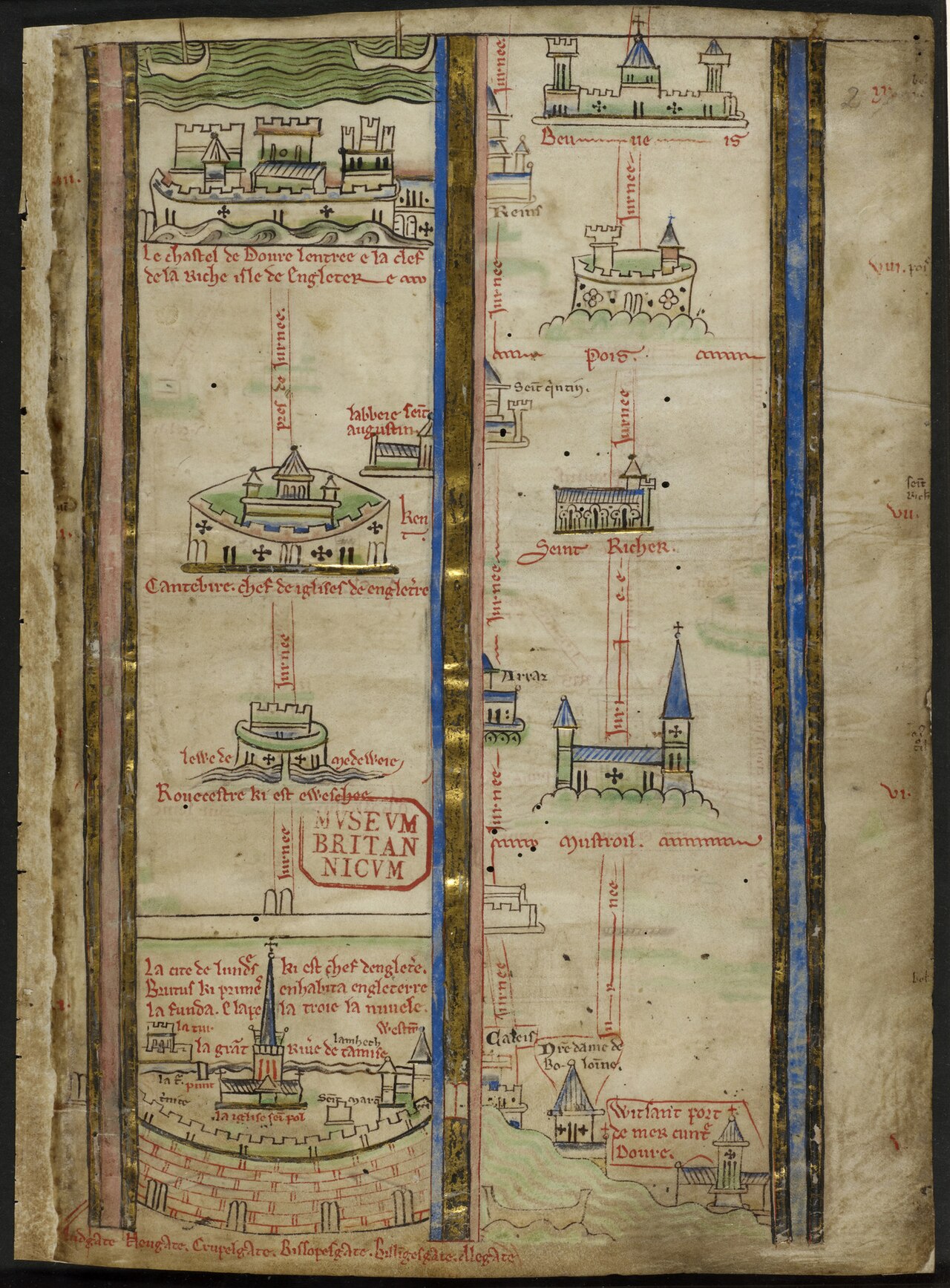 Matthew Paris itinerary from London toward the Holy Land arranged as a vertical route